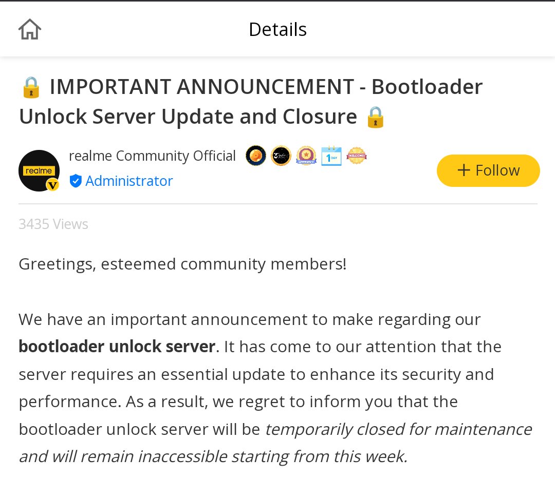 veecarpenter's tweet photo. Hey @praaatiiik @TechWiser @GyanTherapy, it's been a month since realme closed its bootloader unlock servers. I guess we'll have to start using our phones like normal people now.
#BanRealme #realme11Pro5GSaleIsLive #realmePadmini #realme https://t.co/ecsXKGrNW5