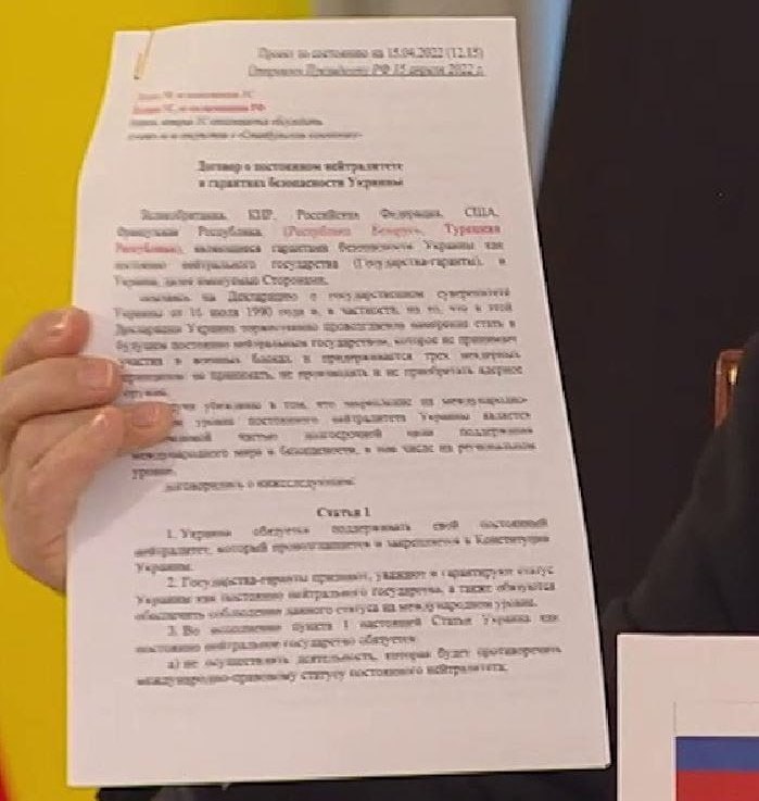 Yesterday Putin revealed an extremely important piece of information. In April 2022, an agreement of permanent neutrality of ukraine was signed between Russia and ukraine. It also reveals that the Western narrative that Putin can't be trusted is just another projection.🧵