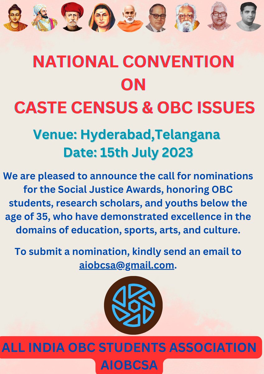 aiobcsa's tweet photo. We are pleased to announce the call for nominations for the Social Justice Awards, honoring OBC students, research scholars, and youths below the age of 35, who have demonstrated excellence in the domains of education, sports, arts, and culture.

To submit a nomination, kindly send an email to aiobcsa@gmail.com.