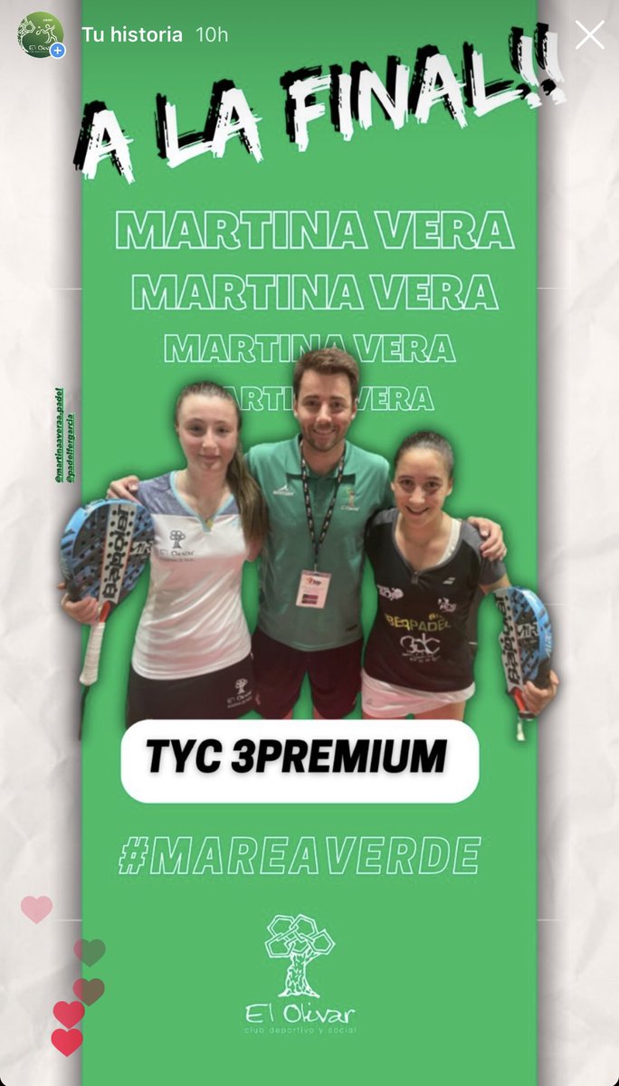 Nuestra Galardonada a la mejor deportista de Pádel Martina Vera, disputará la FINAL hoy domingo del TYC PREMIUN DE NAVARRA , competición donde solo participan las mejores parejas a nivel Nacional

Academia de pádel olivar, una gran familia.

<a href="/EM_ElOlivar/">Estadio Miralbueno El Olivar</a>