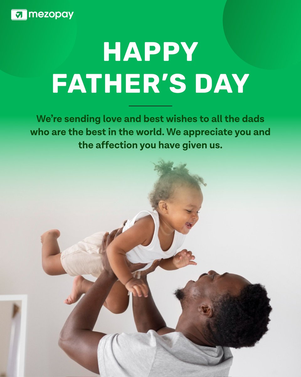 MezopayApp's tweet photo. Cheers to all the incredible dads out there who bring strength, love, and dedication to their families every day. Today, we celebrate you and the unwavering support you provide. Happy Father's Day from the Mezopay family to yours! 🎉👨‍👧‍👦 #FathersDay #FamilyFirst #CelebratingDads https://t.co/k5qIrSMb6f