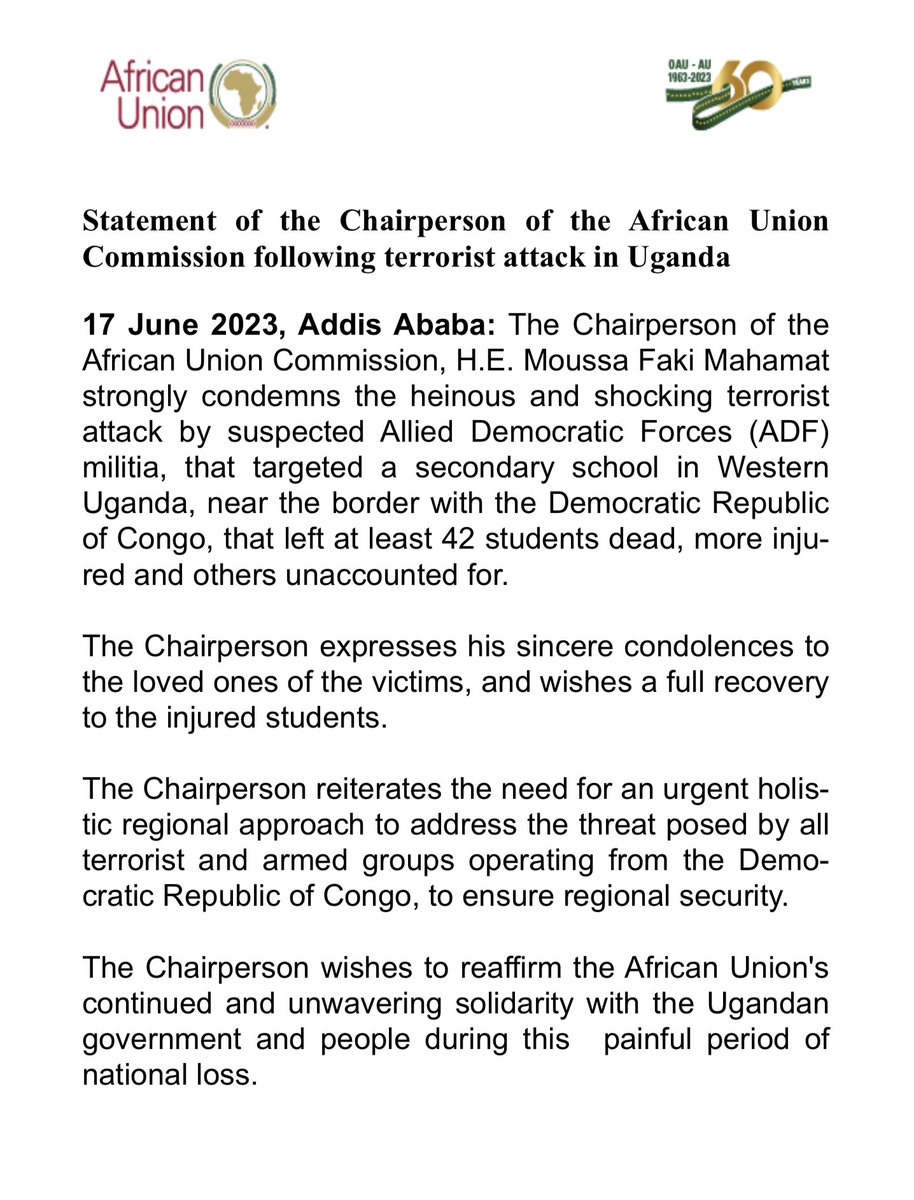African Union (@_africanunion) on Twitter photo Statement of the Chairperson of the African Union Commission <a href="/AUC_MoussaFaki/">Moussa Faki Mahamat</a> following terrorist attack in #Uganda
au.int/en/pressreleas… Statement of the Chairperson of the African Union Commission <a href="/AUC_MoussaFaki/">Moussa Faki Mahamat</a> following terrorist attack in #Uganda
au.int/en/pressreleas…