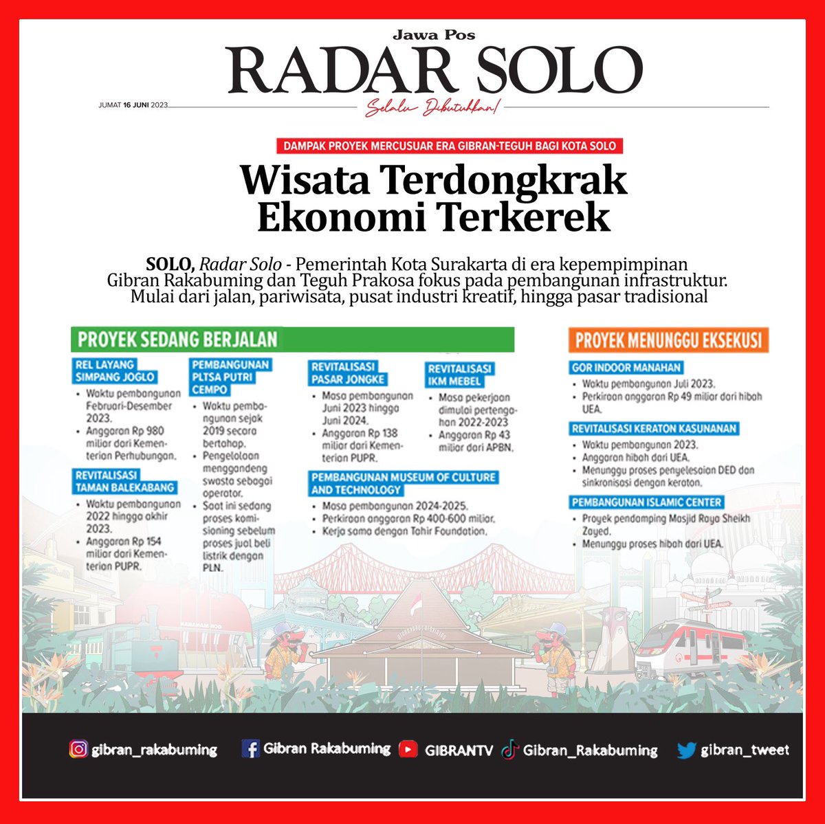gibran_tweet's tweet photo. Dari 17 prioritas pembangunan Kota Solo, 8 di antaranya telah rampung dan sudah bisa dimanfaatkan masyarakat luas, 6 proyek pembangunan sedang berlangsung dan 3 masih menunggu eksekusi.

Proyek-proyek mercusuar di Kota Solo ini mendatangkan multiplier efek, https://t.co/tZwievLvhY