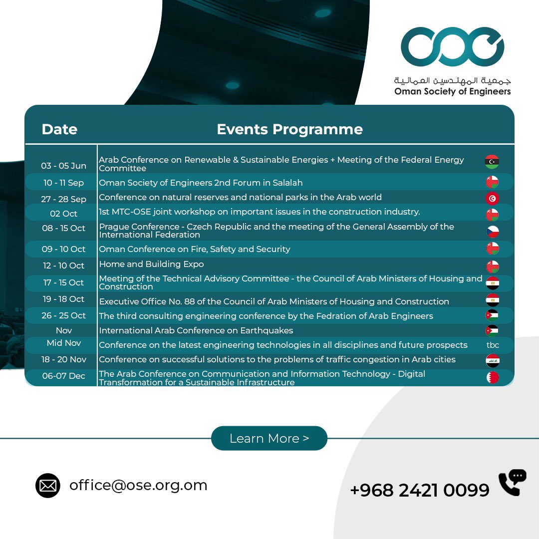 oseoman's tweet image. We are pleased to announce a  series of upcoming local and global events for engineers, aimed at enhancing professional opportunities and expanding networks in the engineering industry. Be part of the experience! #OSE_Events #Engineers #EngineeringEvents #ProfessionalOpportunity