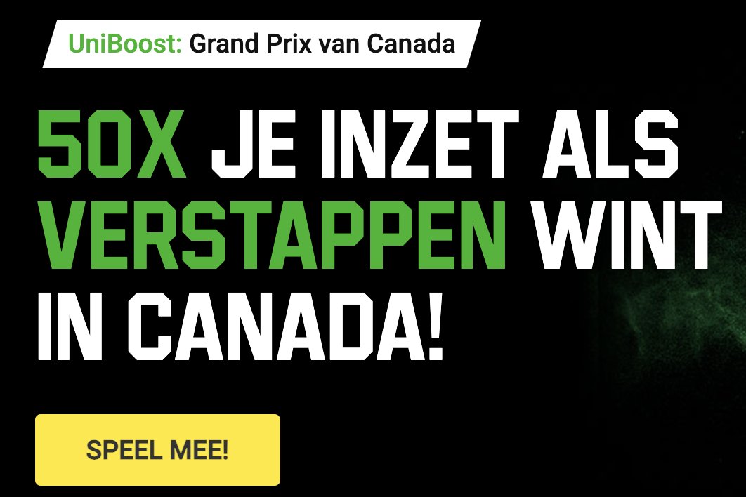 BestBetOnTheWeb's tweet photo. 50 x je inzet voor nieuwe spelers bij Unibet als Verstappen de #CanadianGP wint! 

https://t.co/J4PukSzPzY

Maximale inzet €1,00

Maximale winst €50,00

#Verstappen

#MaxVerstappen 

#Formule1  #F1 https://t.co/r13ZUm4G2I