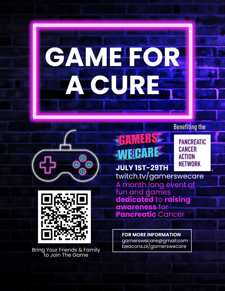 Exciting News! We're thrilled to announce the launch of GamersWeCare campaign in support of Pancreatic Cancer Action Network (PanCAN). Join us as we combine our love for gaming with a cause that truly matters. Together, we can make a difference!
 #PanCANGoLive #pancreaticcancer