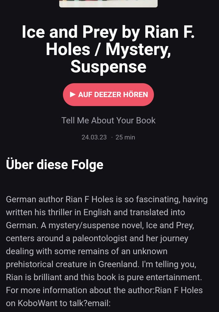 Thank you Oaky for this kind words of yours about my work as an author 🙏

Check out the episode of the 'Tell me about your book'-podcast about my debut novel 'Ice and Prey' on Deezer or Spotify 📖📻

#BookReview #booktwt #selfpublishing #indieauthor #authorslife #BookoftheDay