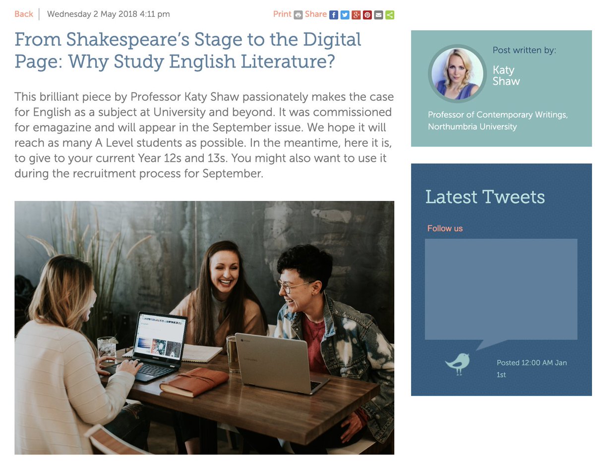 This by <a href="/ProfKatyShaw/">Professor Katy Shaw</a> commissioned by
<a href="/EngMediaCentre/">English & Media Ctr</a> a few years ago for emagazine, on reasons for doing an English degree. Still v relevant. Do share among parents, Careers Advisors, SLT, GCSE &amp; A Level students making choices, to correct false ideas! englishandmedia.co.uk/blog/from-shak…