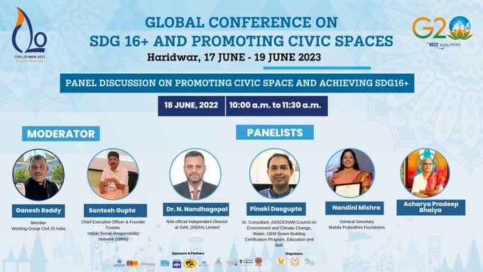 Moderating panel discussion on Promoting Civic Space and Achieving #SDG16plus. In National Conference on Promoting Civic Space in #Haridwar under ⁦@C20EG⁩ ⁦@GCNIndia⁩ ⁦@NITIAayog⁩ ⁦@ONGC_⁩ ⁦ ⁦@VedantaF⁩  ⁦@gailindia⁩ ⁦@citizens_cf⁩ @