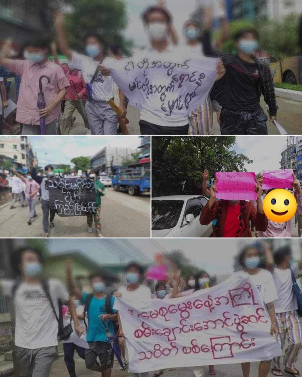 NantEiThandar's tweet photo. A young youth group marched and protested on Kyaikwain Pagoda Road, Yangon on the eve of Daw Aung san Su Kyi’s birthday Jun 18,  also holding banners with chanting “ ငါတို့အတွက်ရောင်နီမင်းတို့အတွက်မှောင်ပြီ”.
#WhatsHappeningInMyanmar 
#2023Jun18Coup 
#AcceptNUGRejectMilitary https://t.co/kOA2jQAGpy