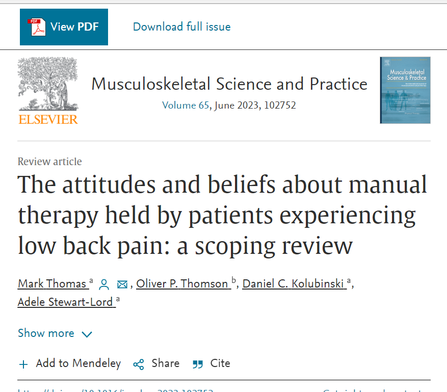 Another great open access article!

"MT is believed to be a preferential and effective treatment with accepted levels of post-treatment soreness... patients believe that MT has a biomedical mechanism of action and is suitable for biomedical causes of LBP.

pdf.sciencedirectassets.com/315581/1-s2.0-…