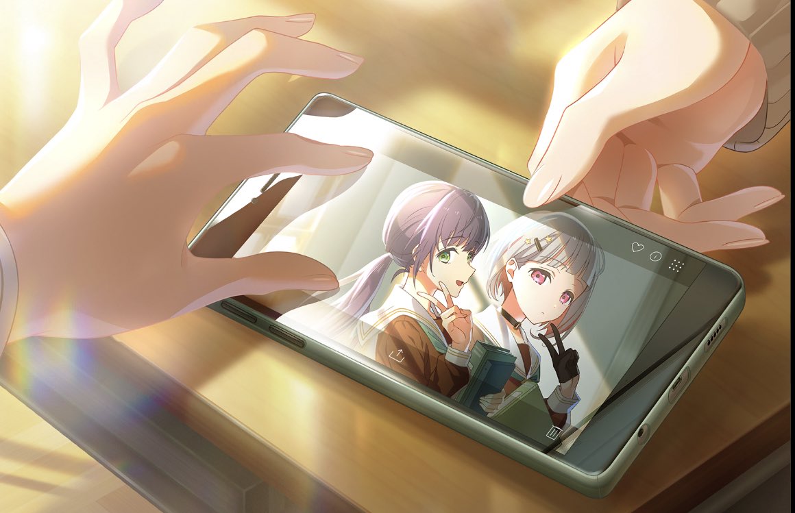 multiple girls 2girls cellphone phone green eyes smartphone school uniform  illustration images