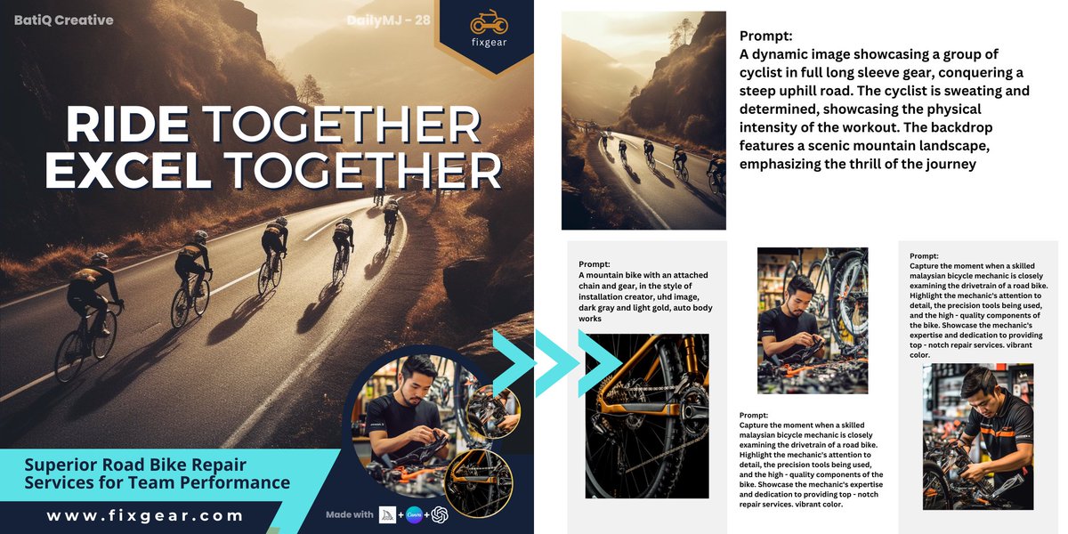 creative_batik's tweet photo. Post 28: Servis Repair Basikal (BSKL 😉).

Kali ni semua konsep gambar, copywriting, nama bisnes, style datang dari ChatGPT.

#MidjourneyAI #AI #graphicdesigner #dailyMJ #canva #dailychallenge #ChatGPT https://t.co/R5xXA7bjyL