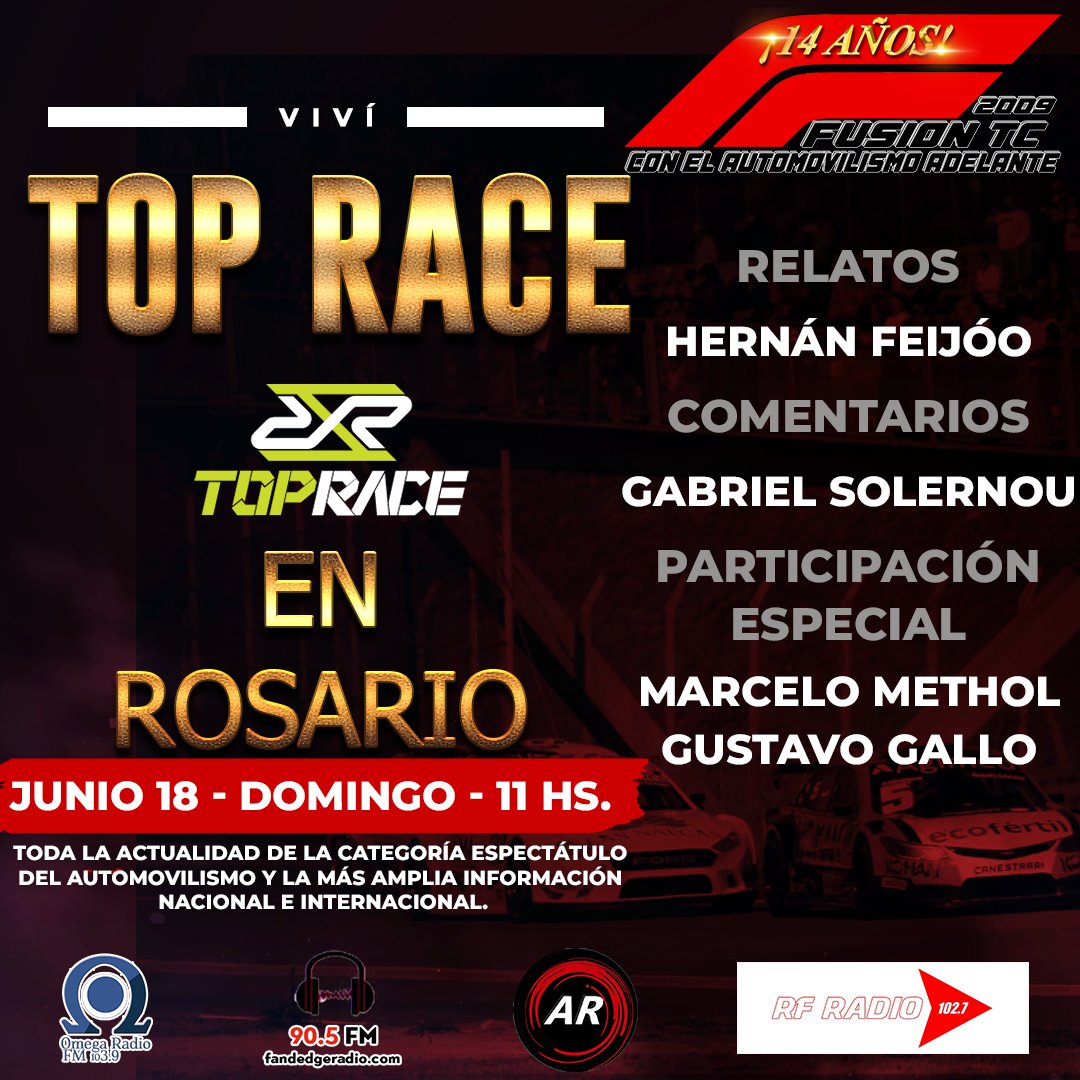 Milsimas2's tweet photo. Este Domingo desde las 11hs vivimos el TOP RACE desde Rosario y el TN desde Posadas  junto a #Elequipofusiontcradio 

Relata @herfeijoo

Comenta @gabrielsolernou

Participación especial de  @marcelomethol y @gustavo_gallo73 https://t.co/oEfTMdQOnD