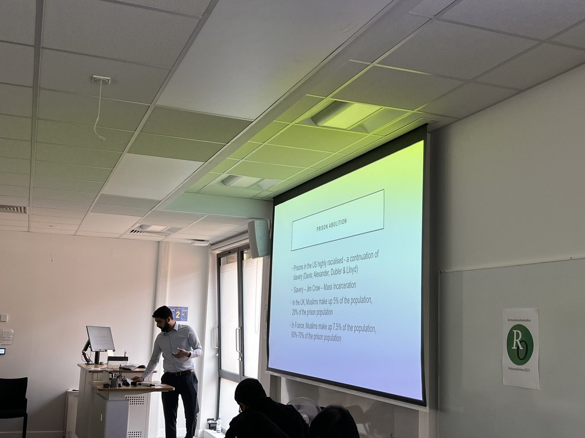 AyseRumeysaK's tweet photo. Dr Haroon Bashir presenting on Islam and the Emancipatory Ethic: Liberation Theology and Prison Abolition in the last day of #cmsconference2023 #criticalmuslimstudies https://t.co/HpBsfulqSQ