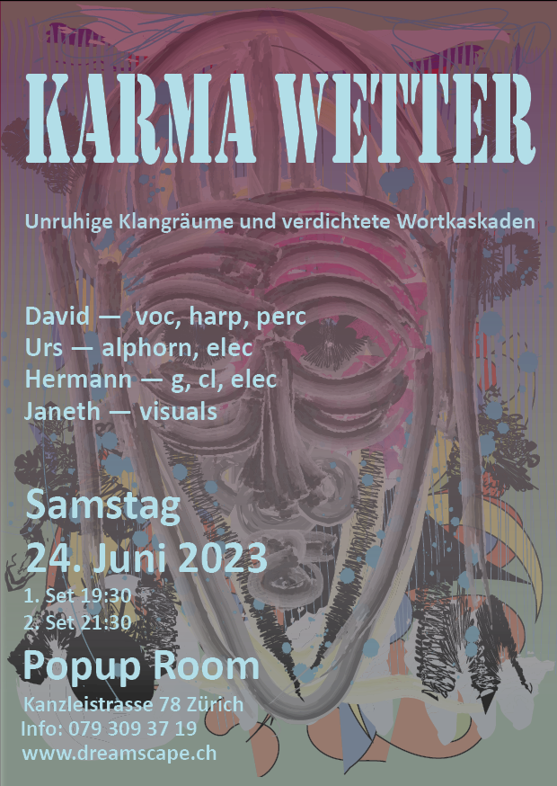 Karma Wetter - mailchi.mp/84ccb7e8e297/k…
**Konzert: Samstag 24. Juni 2023 / 19:30 &amp;  21:30 Uhr / Popup Room / Kanzleistr. 78 / 8004 Zürich
KARMA WETTER ist ein klangliches Abenteuer mit räumlichen Dimensionen. Zum Tanzen und Geniessen geeignet.