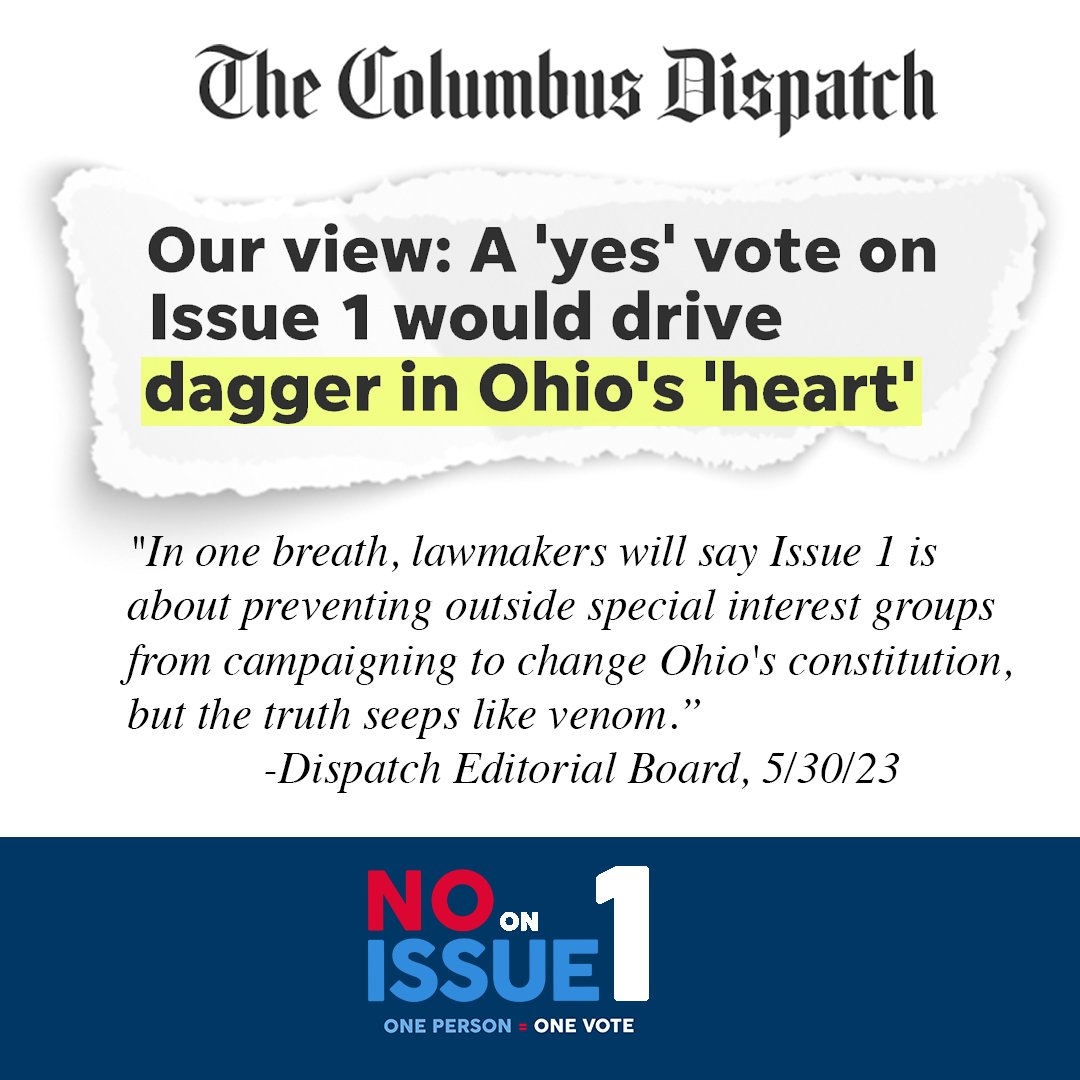lwvohio's tweet photo. "In one breath, lawmakers will say Issue I is about preventing outside special interest groups from campaigning to change Ohio's constitution, but the truth seeps like venom."
-Dispatch Editorial Board
#VoteNoInAugust #ProtectMajorityRule https://t.co/yrXjkrxcGF