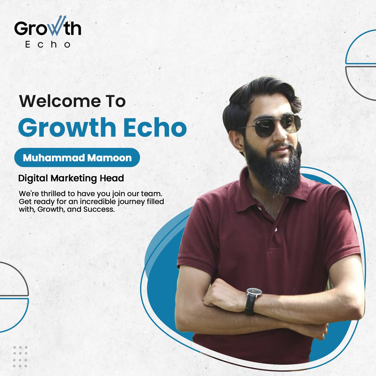 Join us in celebrating the latest addition to our powerhouse team!

We extend warm congratulations to Muhammad Mamoon, our Digital Marketing Head. We are thrilled to have you on board.

#GrowthEcho #newjoinee #freshhire #newhiring #ourteam #welcometotheteam #digitalmarketing