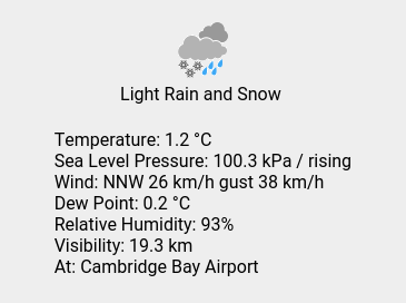 Sun 06:00: Light Rain and Snow; Temp 1.2 C; Wind NNW 26 km/h gust 38 km/h; Humidity 93%; Press 100.3 kPa / rising.