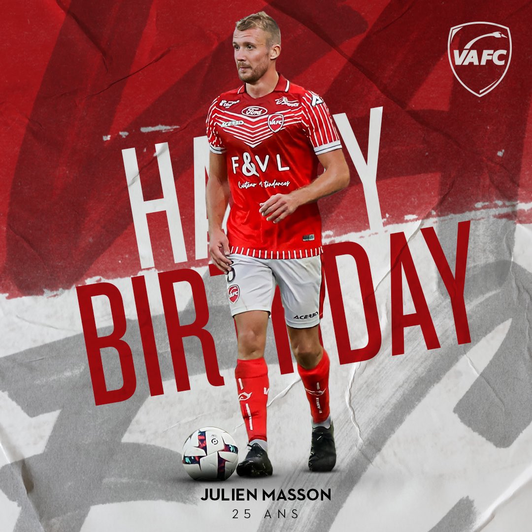 VAFC's tweet image. 🎂 Le VAFC souhaite un joyeux anniversaire à Julien Masson qui fête aujourd&apos;hui ses 2️⃣5️⃣ ans ! 🎉
