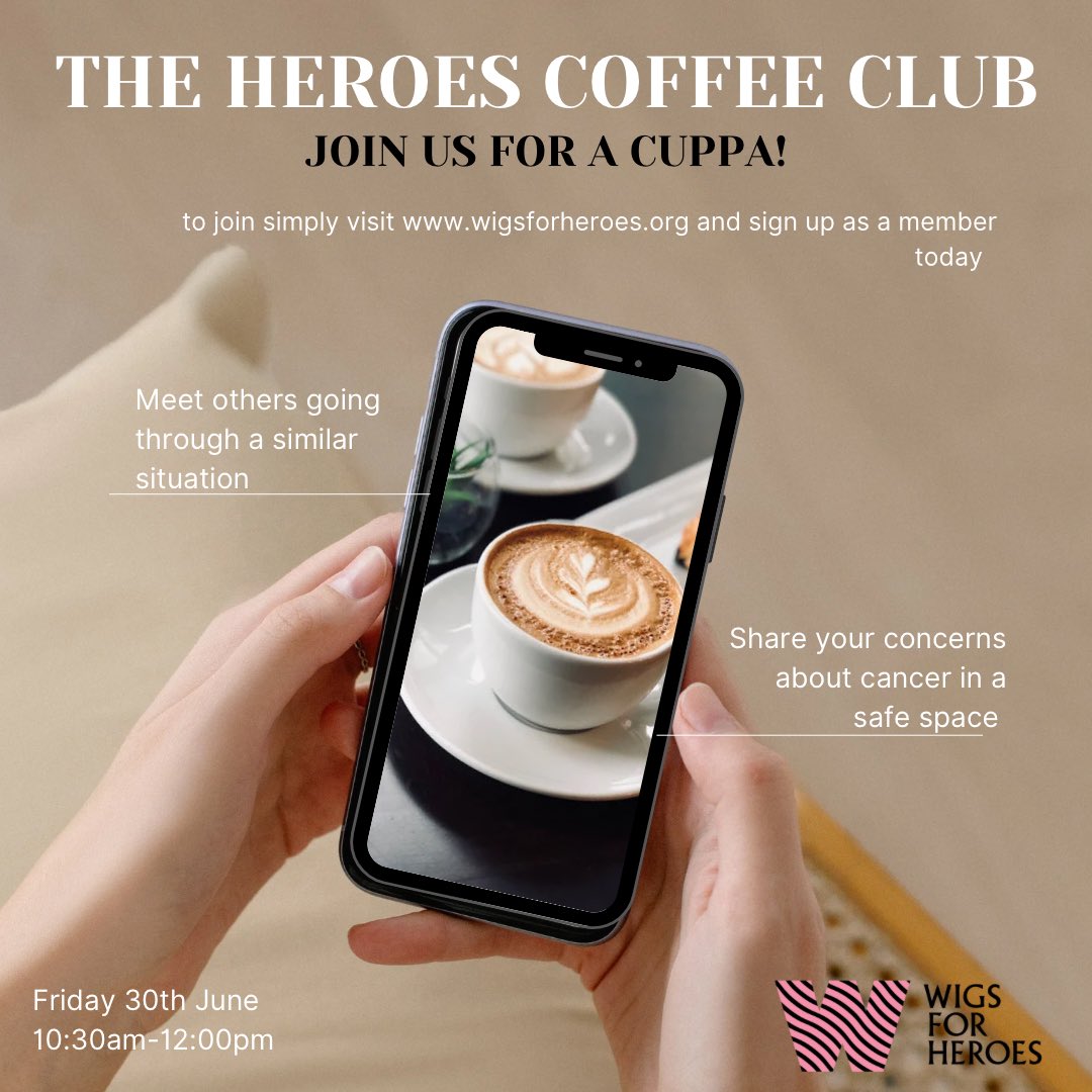 The Heroes Coffee Club is back on 30th June. For anyone looking for a support group from the comfort of your own home. You’ve found it.
Run by our amazing team who have all been affected by cancer, we are here for you ❤️ sign up for your free membership  &amp; book on today- link bio