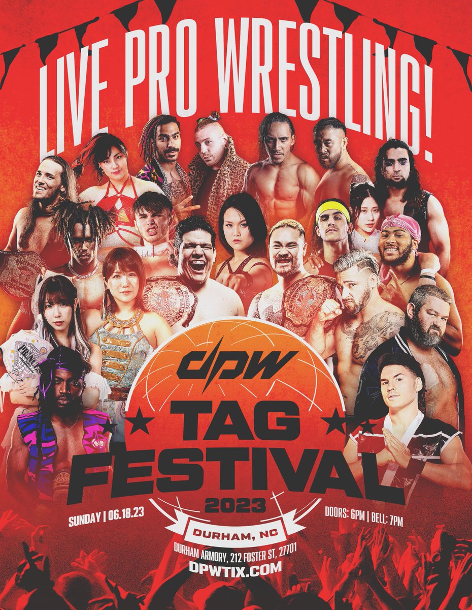 HAPPY DPW DAY 🔥

The 1st ever DPW Tag Festival is TONIGHT at the Durham Armory in Durham, NC! VIF, WorkHorsemen, Miyuki Takase, Magical Sugar Rabbits, Speedball, & many more!

Bell @ 7ish tonight; Local Durham food truck Evelyn's Tex Mex BBQ is working with us tonight - tap in!