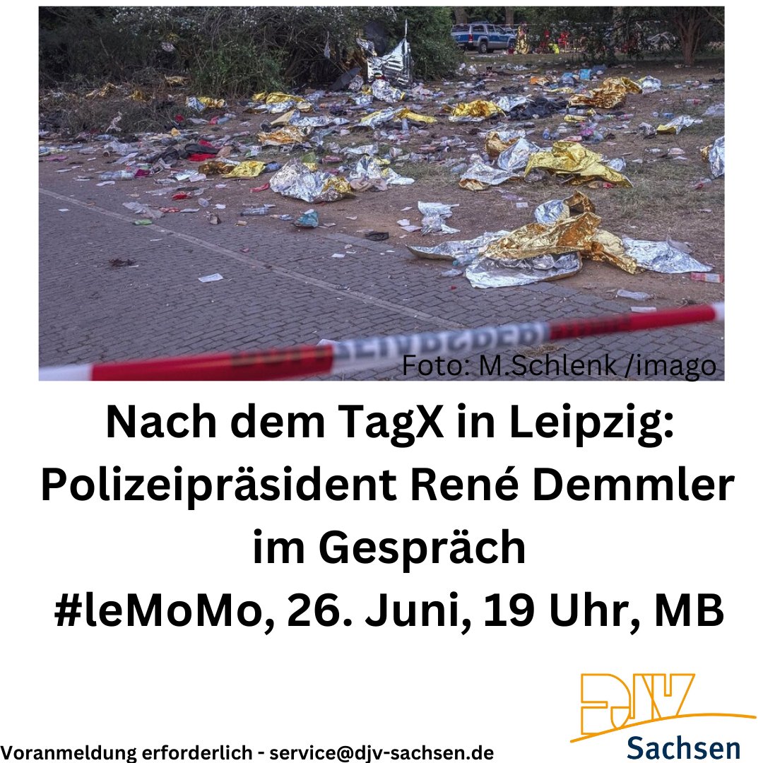 DJVSachsen's tweet photo. Am letzten Montag im Monat schon was vor? Wir haben ein spannendes Angebot für Kolleg*innen in #Leipzig und #Sachsen: Leipzigs #Polizeipräsident René Demmler kommt zum #leMoMo, unserem Gesprächsformat. 26. Juni, 19 Uhr.
Infos & Anmeldung: https://t.co/yIVOYYMjpz
#TagX #le0306 https://t.co/LXCAXmpVPu