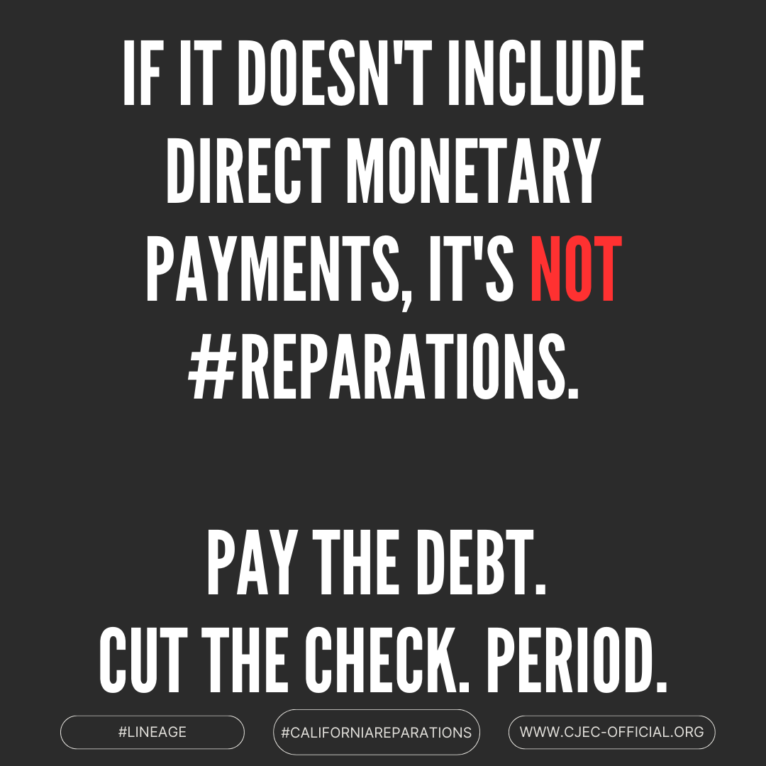 If it doesn't include direct monetary payments, it's NOT #Reparations.

Pay the debt. 

Cut the check.

Period.

#lineage #AmericanFreedmen #BlackAmerican #AfricanAmerican #Reparations #CaliforniaReparations #GoodforCalifornia #GoodforAmerica @cjecofficial