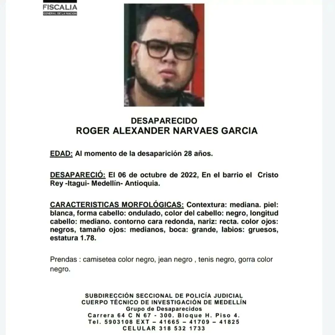 256 dias desaparecido en Medellín 
Ayudar a difundir🙏 
#18Junio <a href="/petrogustavo/">Gustavo Petro</a> <a href="/FiscaliaCol/">Fiscalía Colombia</a> <a href="/PoliciaColombia/">Policía de Colombia</a> <a href="/GaulaPolicia/">GAULA POLICÍA</a> <a href="/MinjusticiaCo/">MinJusticia Colombia</a> <a href="/CancilleriaCol/">Cancillería Colombia</a> @CancilleriaVE <a href="/yvangil/">Yvan Gil</a> <a href="/plasenciafelixr/">Felix Plasencia</a> <a href="/NicolasMaduro/">Nicolás Maduro</a> <a href="/ViceColombia/">Vicepresidencia Colombia</a> <a href="/ViceVenezuela/">Vicepresidencia Vzla</a> <a href="/cruzrojacol/">cruzrojacol</a> <a href="/UBPDcolombia/">Unidad de Búsqueda de Personas Desaparecidas</a>