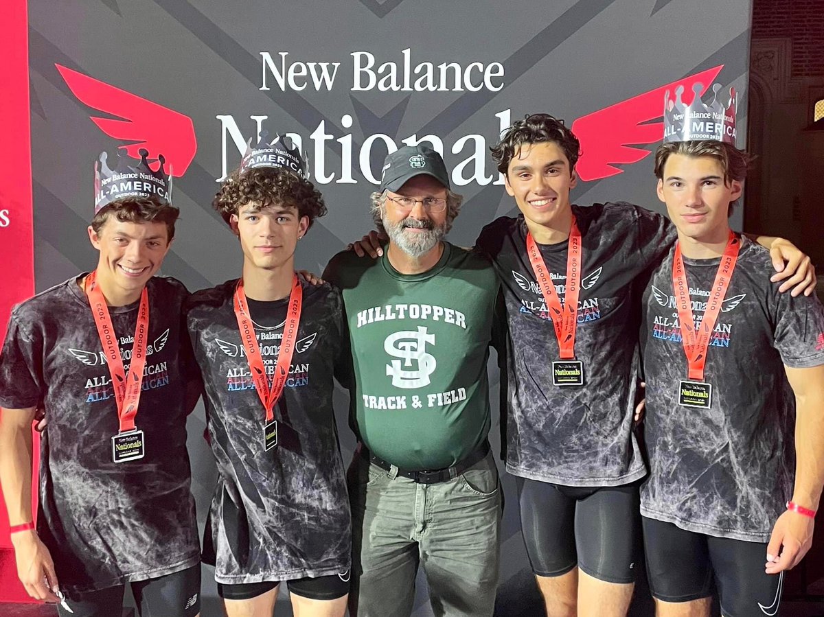Second place - New Balance Nationals Sprint Medley 

The @StJAcademy team of Andrew Thornton-Sherman, Andrew Bugbee, Gerardo Fernandez, and Jaden Beardsley finished 2nd in the nation!

The team is shown with Coach Chip Langmaid. @BeniAsh12 @aabrami5