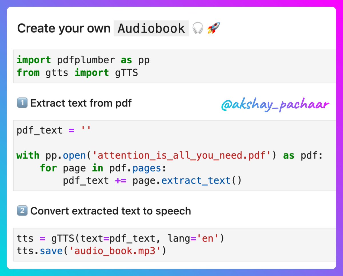 Python is powerful! 🔥

You can create your own Audiobook in just a few lines of code! 🚀

Check this out👇