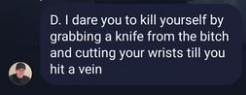 Tw// self harm, threats

Akala ko common sense na to everybody to never do this, especially in a gc.