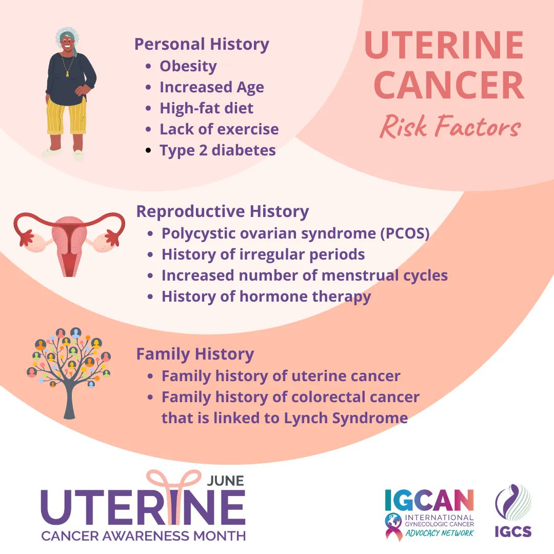 Do you know the risk factors for #UterineCancer? Join us in sharing them widely this month! 💜

@esgo_society @IGCSociety @IGCANetwork  #cancerrisk #patientadvocates #cancerpatient