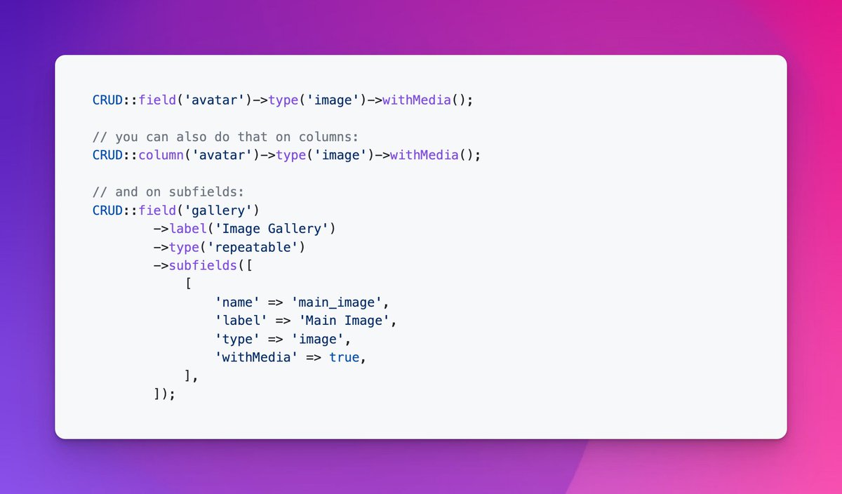 laravelbackpack's tweet photo. We're super-happy to announce Backpack v6 (July 2023) will support @spatie_be 's MediaLibrary package, with a first-party add-on.

It's super simple:
- install and configure spatie/laravel-medialibrary
- install backpack/medialibrary-uploaders

Then do this. It's that simple! https://t.co/4AcMgk6OIe