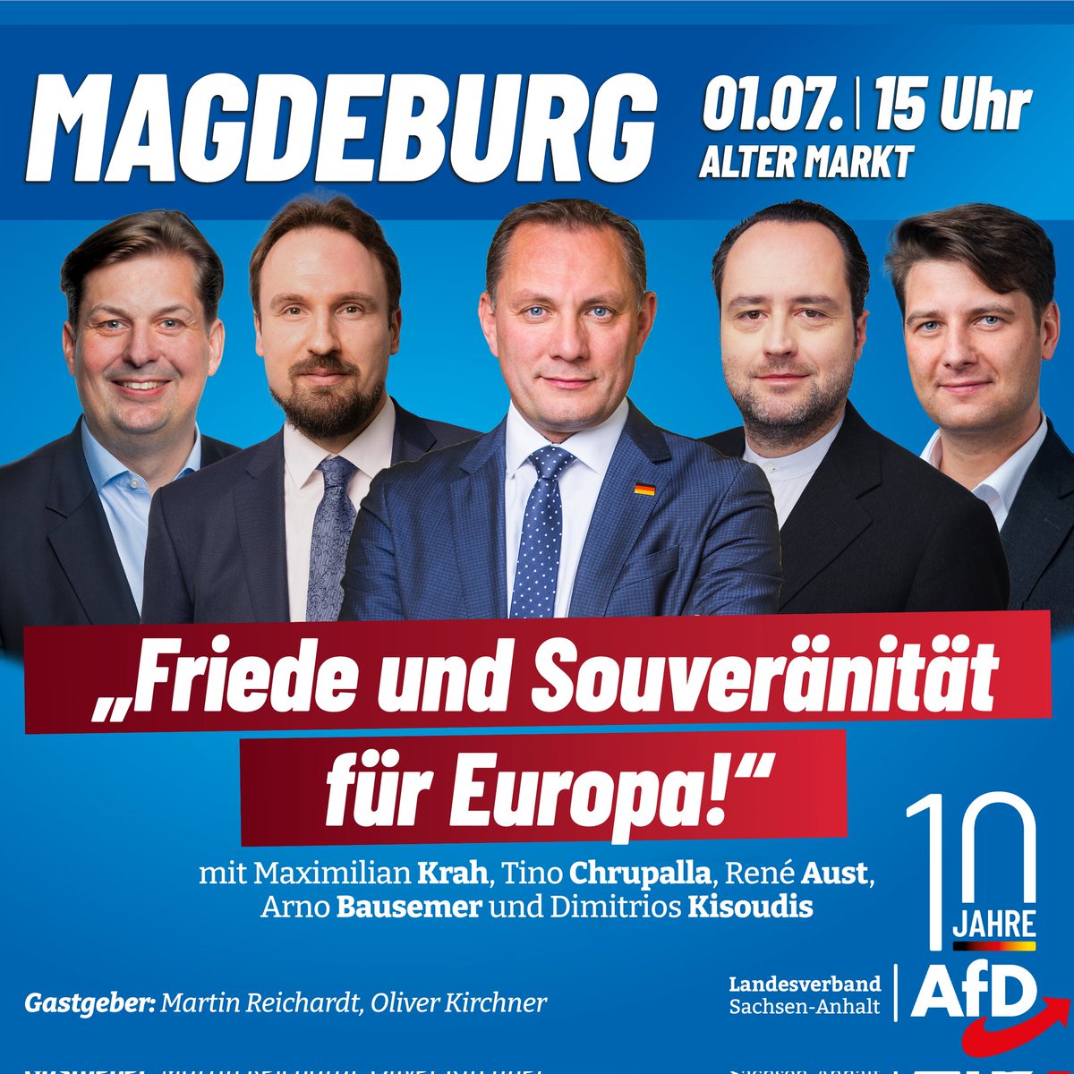 Die #Europawahl 2024 wirft ihre Schatten voraus. Aus diesem Anlass wird die #AfD am 1.7. auf dem #AltenMarkt in #Magdeburg prominente Redner begrüßen. Hauptthemen des #EU-Wahlkampfes werden #Frieden und #Souveränität sein.