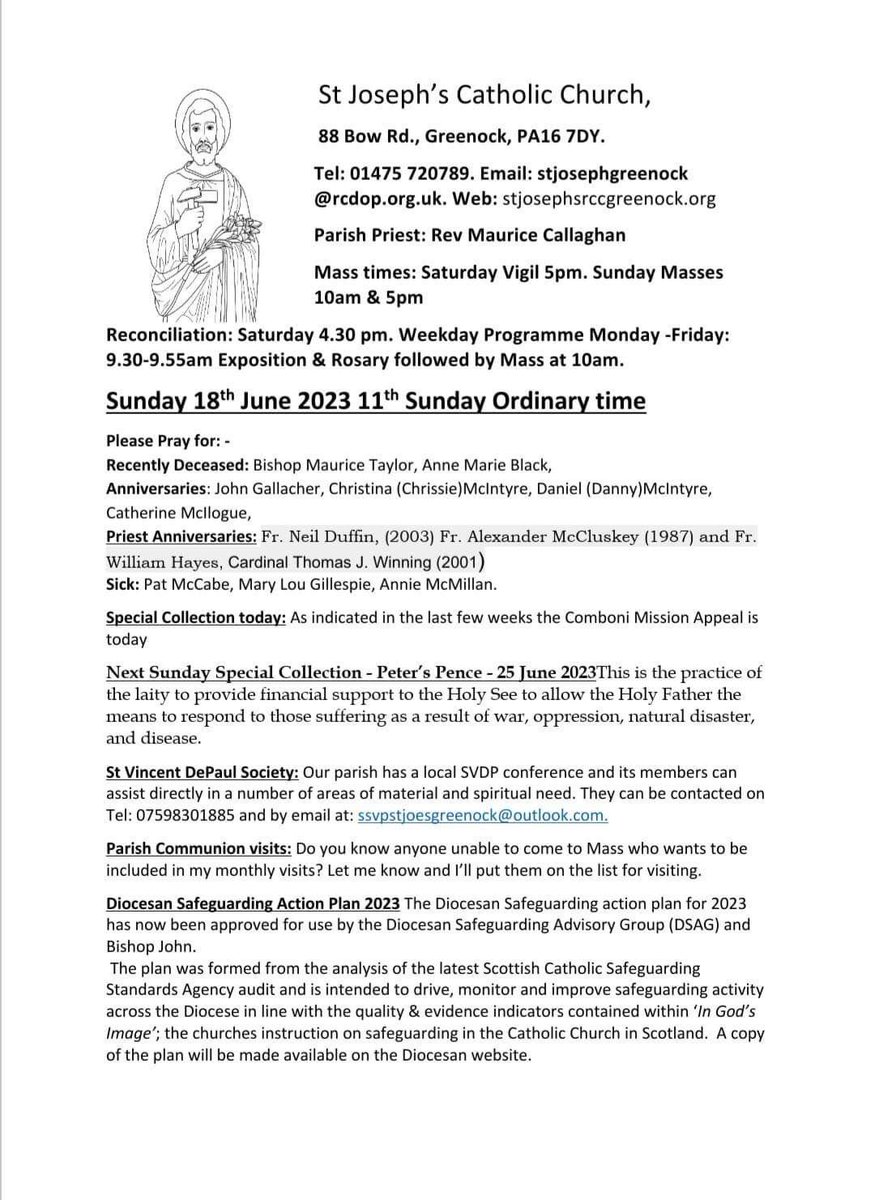 <a href="/St_JoesGreenock/">StJoseph’sParishGreenock</a> Parish Bulletin 

Sunday 18th June - 11th Sunday of Ordinary Time