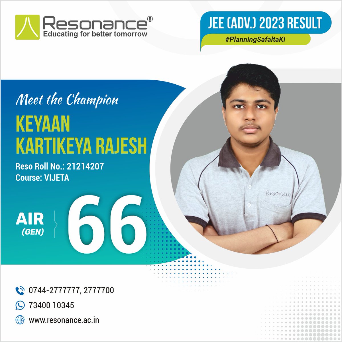 ResonanceEdu's tweet image. FROM EXCELLENCE TO PROMINENCE ...

RESONANCE SHINES ... RESONite Keyaan Kartikeya Rajesh ACHIEVES AIR 66 (Gen.) IN JEE (ADVANCED) 2023

#resonancekota #JeeAdvancedResult2023 #JEEAdvanced2023Result #JEEADVANCEDRESULT