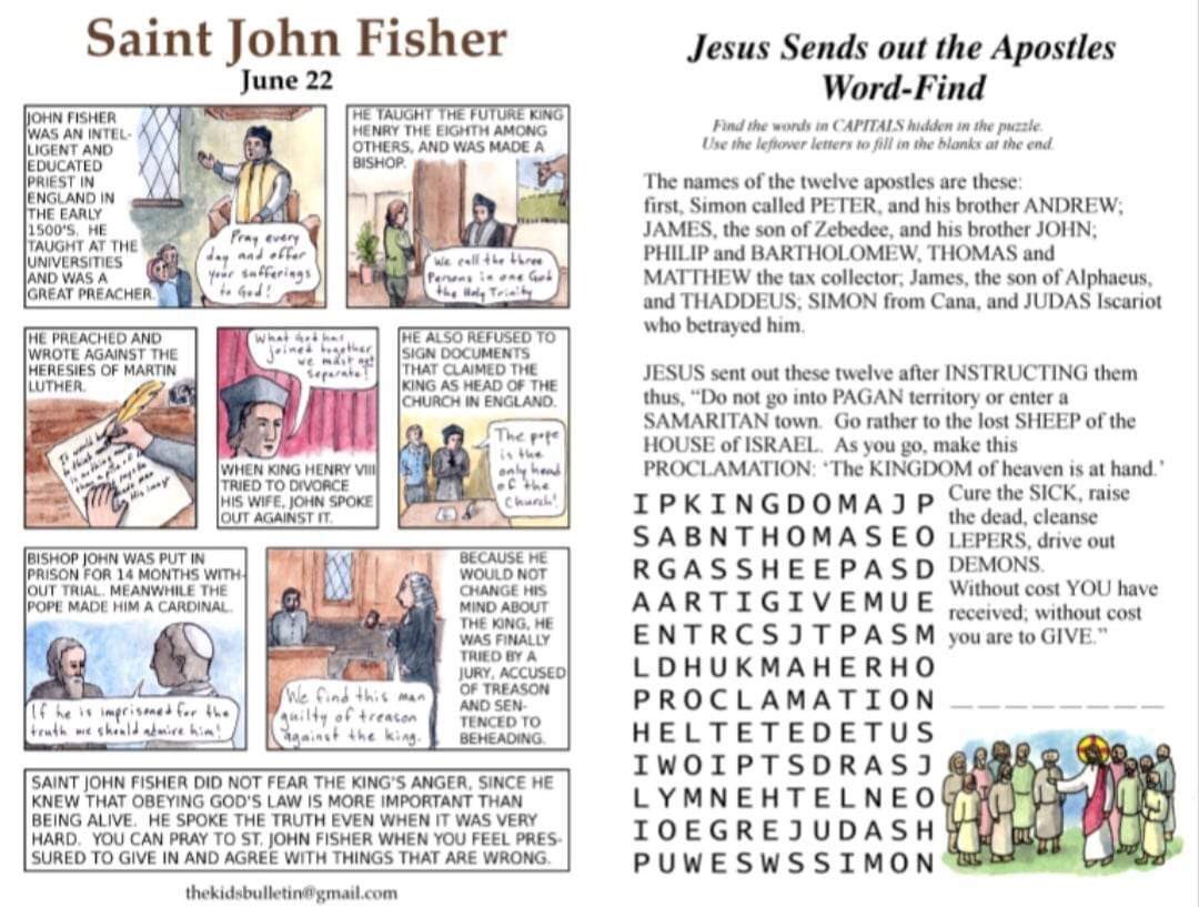 The Kids Bulletin - June 18th 2023 

11th Sunday in Ordinary Time

The Kids Bulletin is available to download at thekidsbulletin.com and is also available on the Parish Facebook page and the Parish website stjosephsrccgreenock.org 🙏