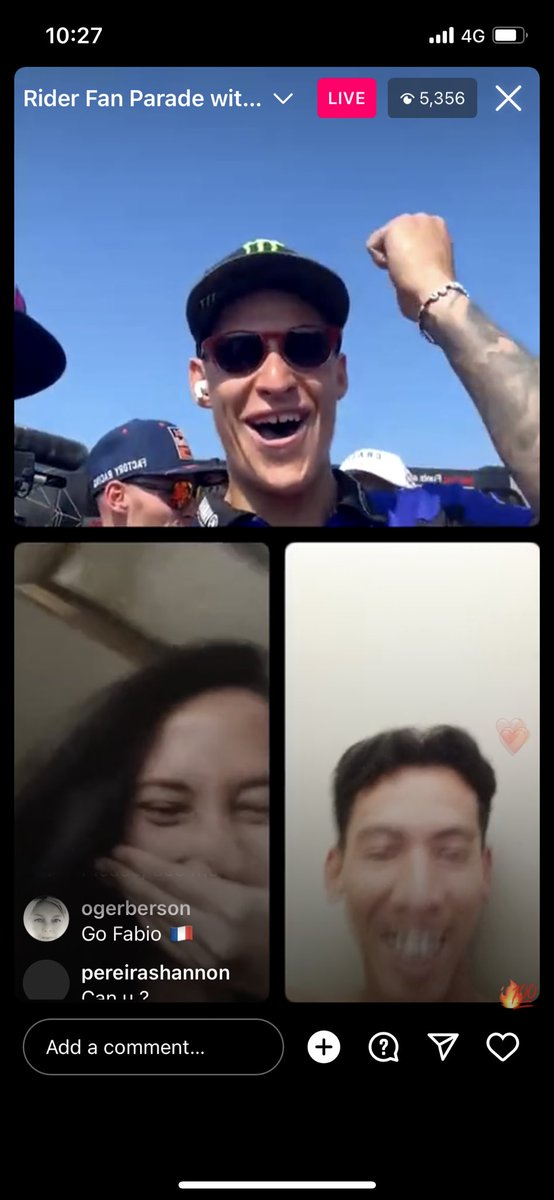 _MattDunn's tweet photo. Fabio Quartararo has taken over @MotoGP’s IG live and started accepting join requests from fans to join from their homes… 😂😂 

“Where are you?!”

“What time is it there?!”

“3pm!!”

Some very shocked but happy fans out in the far east today😆 https://t.co/lfewMIc5HN