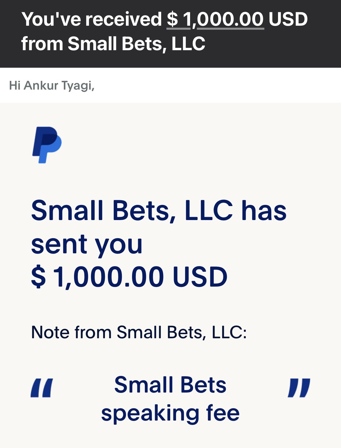$1,000 Payment received from small bets LLC