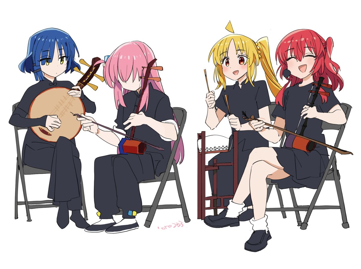 gotou hitori ,ijichi nijika 4girls multiple girls red hair cube hair ornament instrument pink hair blue hair  illustration images
