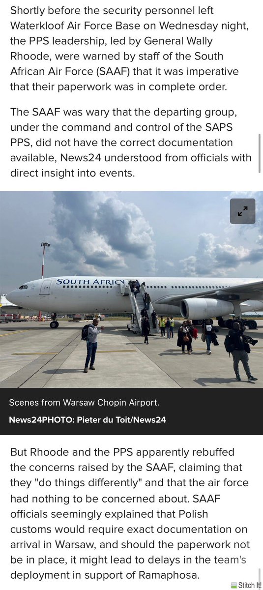 This is damning. According to News24’s reporting the SA Air Force, which planned the President’s flights and has extensive experience with clearances &amp; permits, warned Maj Gen Rhoode of the SAPS PPS that they did not have the correct paperwork for their weapons. It was ignored.