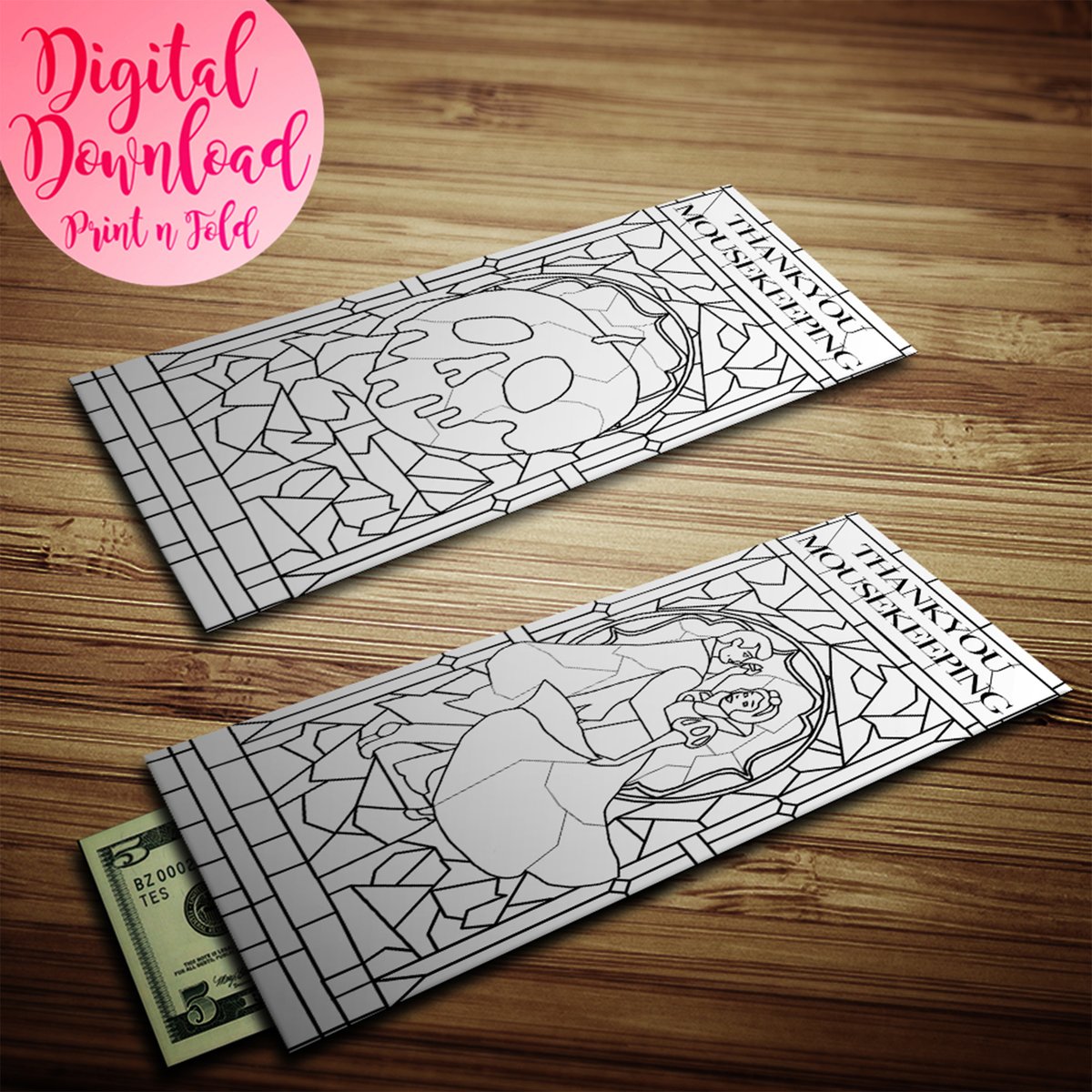 Colour it however you want (maybe even add glitter)

etsy.me/3NerqzZ

#stainedglass #fauxglass #printable #moneyenvelopes #mousekeeping #housekeeping #tips #tipenvelopes #fairytale #vacation #princess