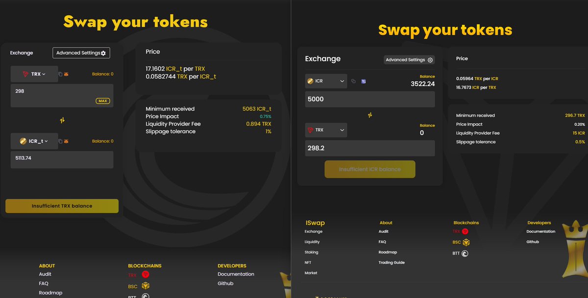 Why is #Arbitrage so powerfull 

you sell 5000 #ICR on #Tron to get 298.2 #TRX 
than you need 298 #TRX on #BTTC to get 5113 #ICR

LP-provider get 15 ICR + 0,894 TRX

So tell me who lose?