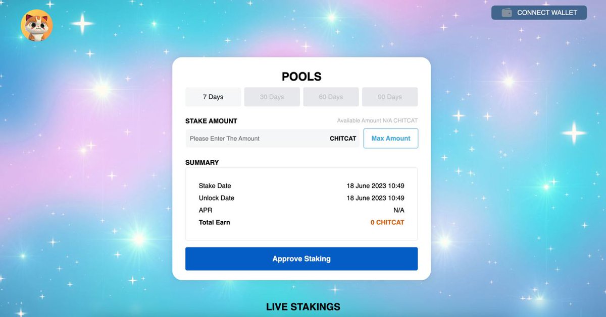 Hello Fam

Our  staking is ready 🔥
We are still waiting for an audit, development is done

ethstaking.chitcat.xyz

#ChitCAT #ETH #Staking