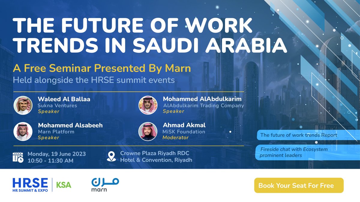 Join us at our free seminar: #FutureOfWork Trends in Saudi Arabia, held alongside the #HRSE2023 summit!

Engage with Ecosystem leaders and get the latest trends report.

Save the date - June 19, 10:50 AM!

Book Your seat for free: 
informaconnect.com/hrse-saudi/age…

#موارد_بشرية #HRTrends
