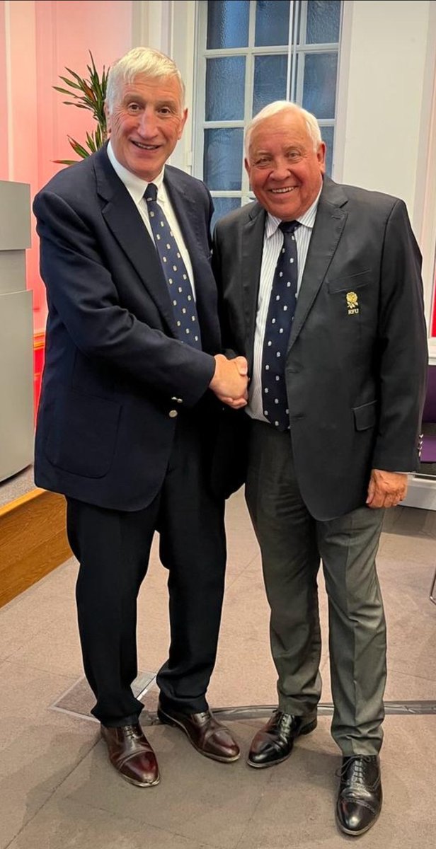 Outgoing President of the RFU Nigel Gillingham hands over the presidential reins to Rob Briers of @lancashirerugby at the RFU AGM.