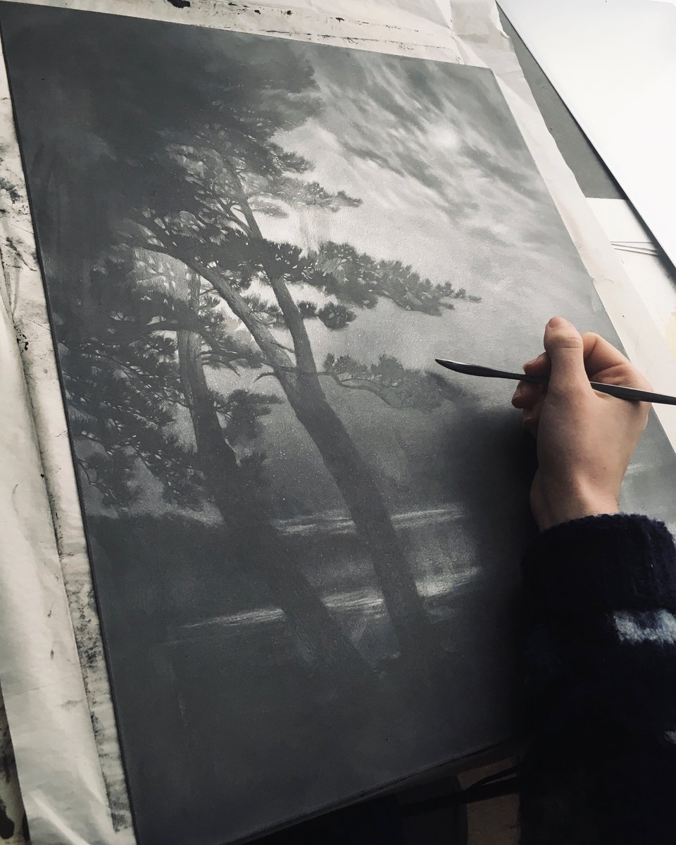 InkenArt's tweet photo. A little look back at the process. I etched the zinc plate completely black with spraypaint aquatints and then polished the landscape into the metal. https://t.co/t7mk6WPZDL