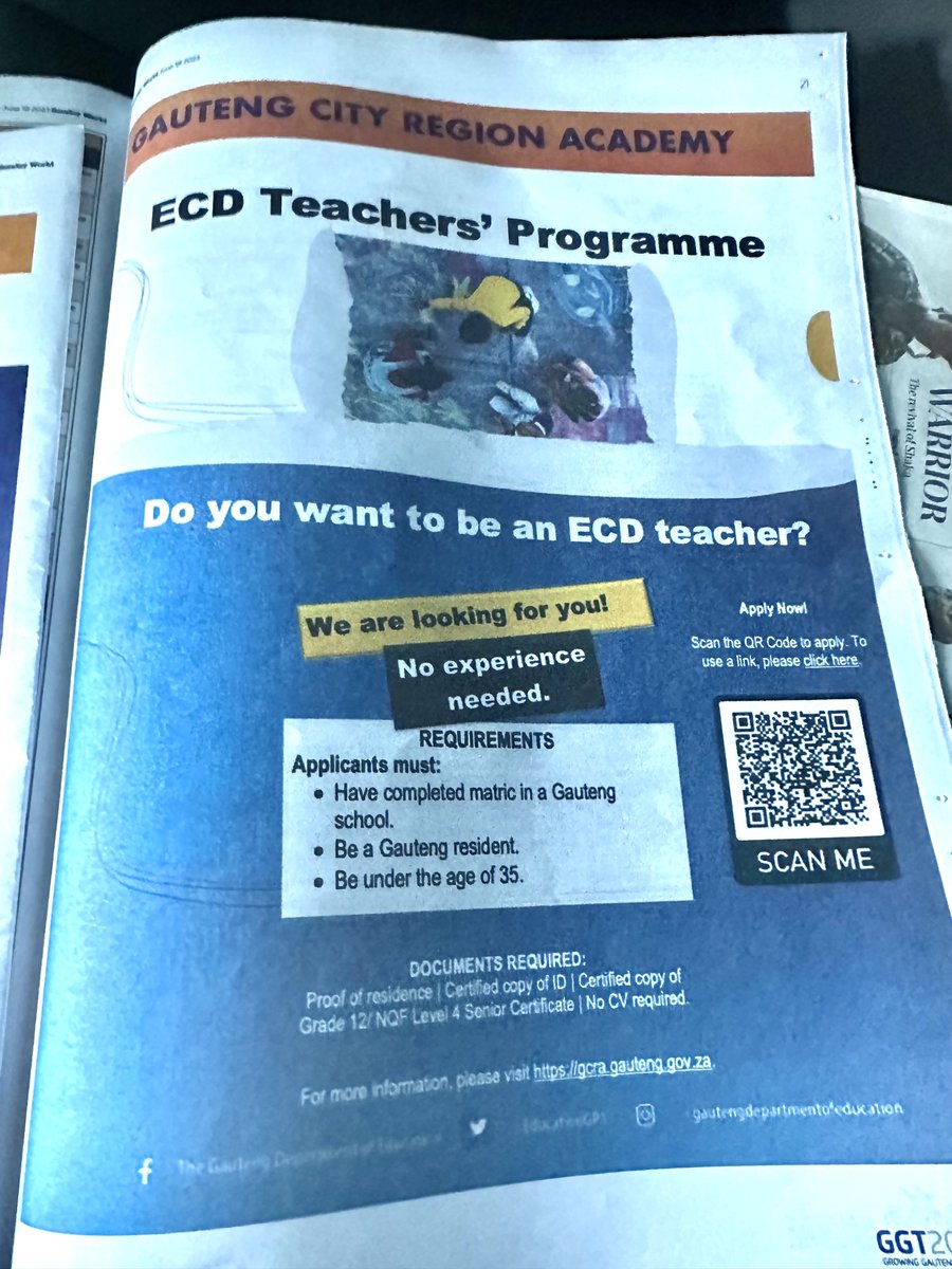 We are looking for 2800 young man and women to be ECD Teachers. Are you keen? Then get today’s @SundayWorldZA for full details. Less talk, more work! #NasiSpani #GrowingGautengTogether