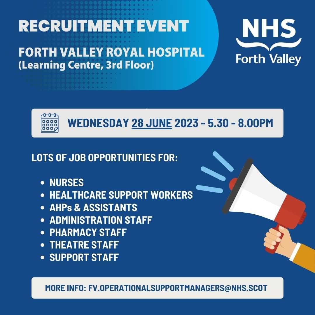 Come along to our recruitment event at Forth Valley Royal Hospital on Wed 28th June to find out more about the wide range of job opportunities for clinical and support staff. <a href="/StirUni/">University of Stirling</a> <a href="/FVCollege/">Forth Valley College</a> <a href="/falkirkcouncil/">Falkirk Council</a> <a href="/StirlingCouncil/">Stirling Council</a> <a href="/ClacksCouncil/">Clackmannanshire Council</a>